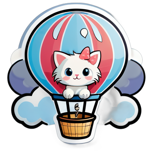 Gatinho no Balão de Ar Quente: Um gatinho aventureiro voando em um balão de ar quente decorado com nuvens fofas e um céu azul claro. sticker