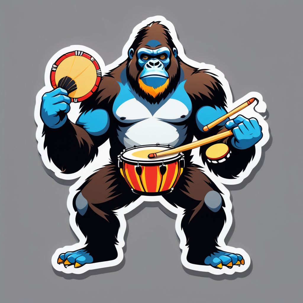 Ein Gorilla mit einer Trommel in seiner linken Hand und Trommelstöcken in seiner rechten Hand sticker