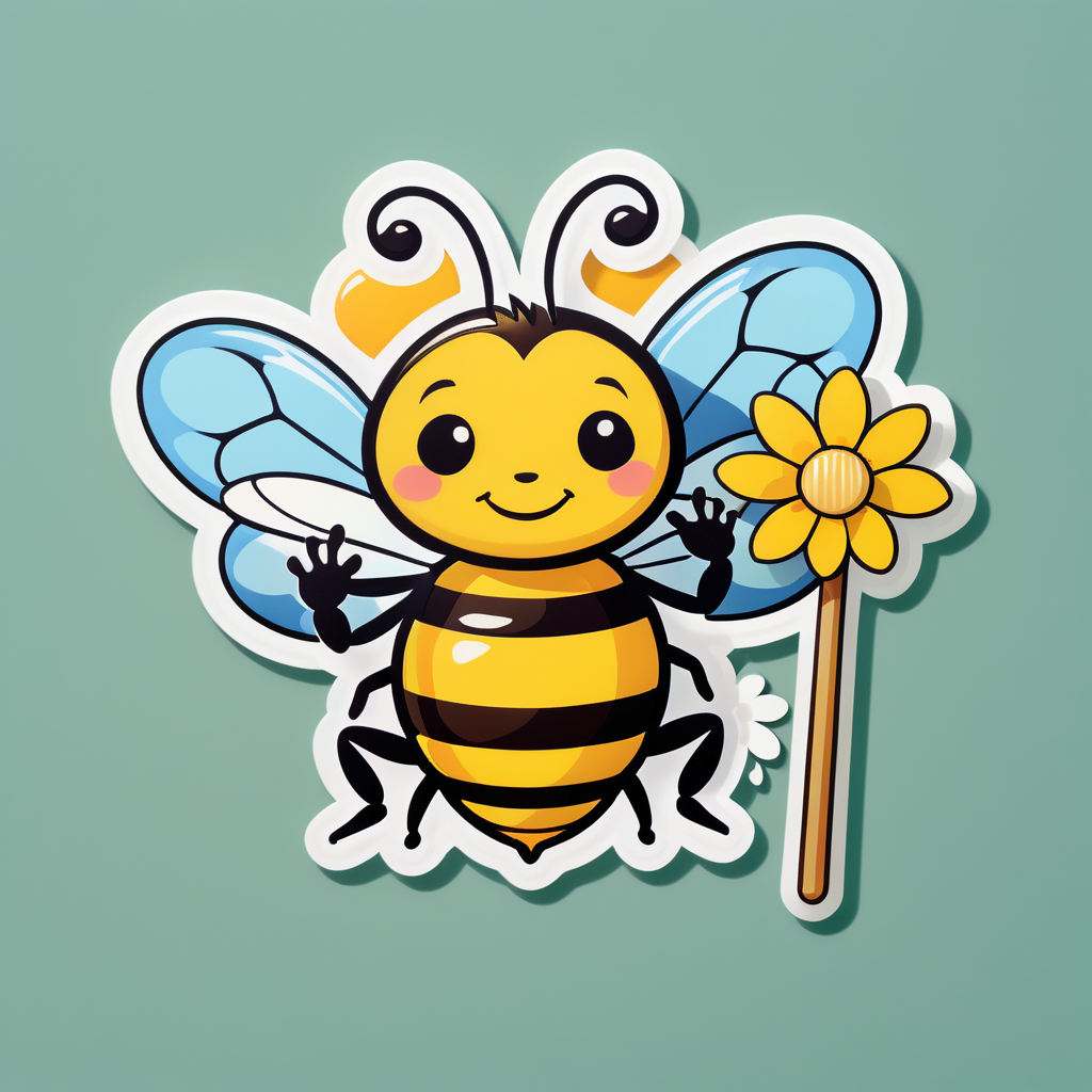 Eine Biene mit einer Blume in der linken Hand und einem Honiglöffel in der rechten Hand sticker