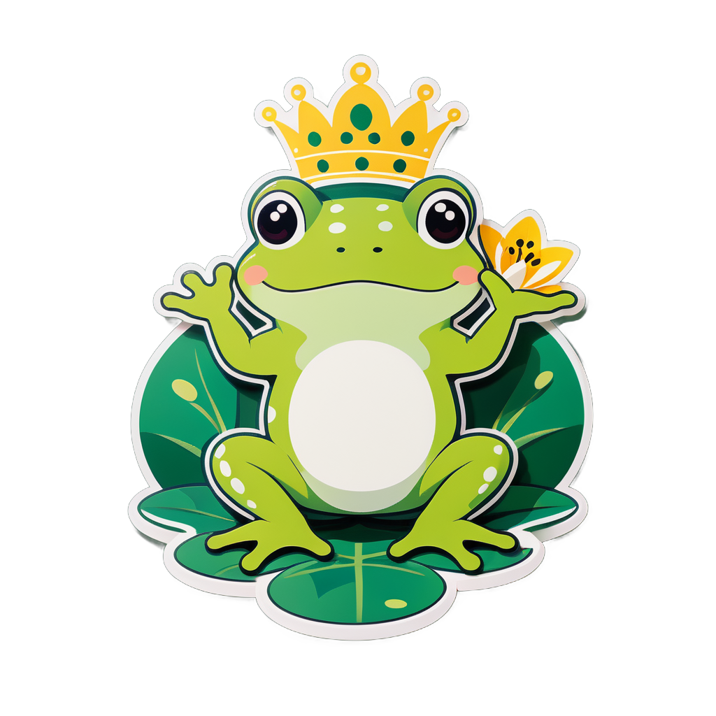 Ein Frosch mit einem Seerosenblatt in der linken Hand und einer Krone in der rechten Hand sticker