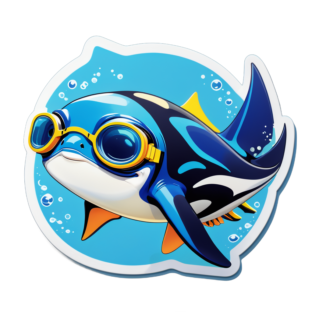 Ein Mantarochen mit einer Schwimmbrille in der linken Hand und einer Schwimmflosse in der rechten Hand sticker