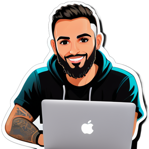 me gustaría un sticker de mí, soy un chico de 29 años de Marruecos, muy bajo de estatura, con cabello corto y barba corta, trabajo en programación, así que necesito una laptop en el sticker con un fondo de hacker, tengo ojos chinos y un cuerpo fuerte, ¿puedo tener todo el cuerpo en el sticker con la laptop? sticker