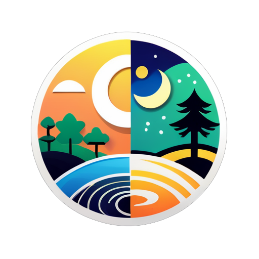 Créer une image de logo avec une composition de bagua yin et yang, comprenant les éléments suivants : soleil, lune, arbres, gratte-ciel, lac, dans un style très simple et clair. sticker