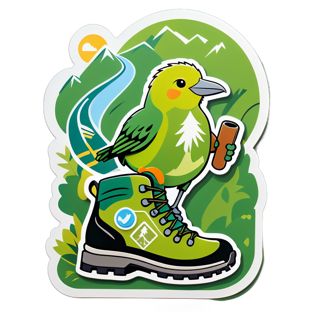 Un oiseau kiwi avec une chaussure de randonnée dans sa main gauche et une carte de sentier dans sa main droite sticker