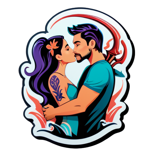 man with sea trident tattoo kissing a girl sticker