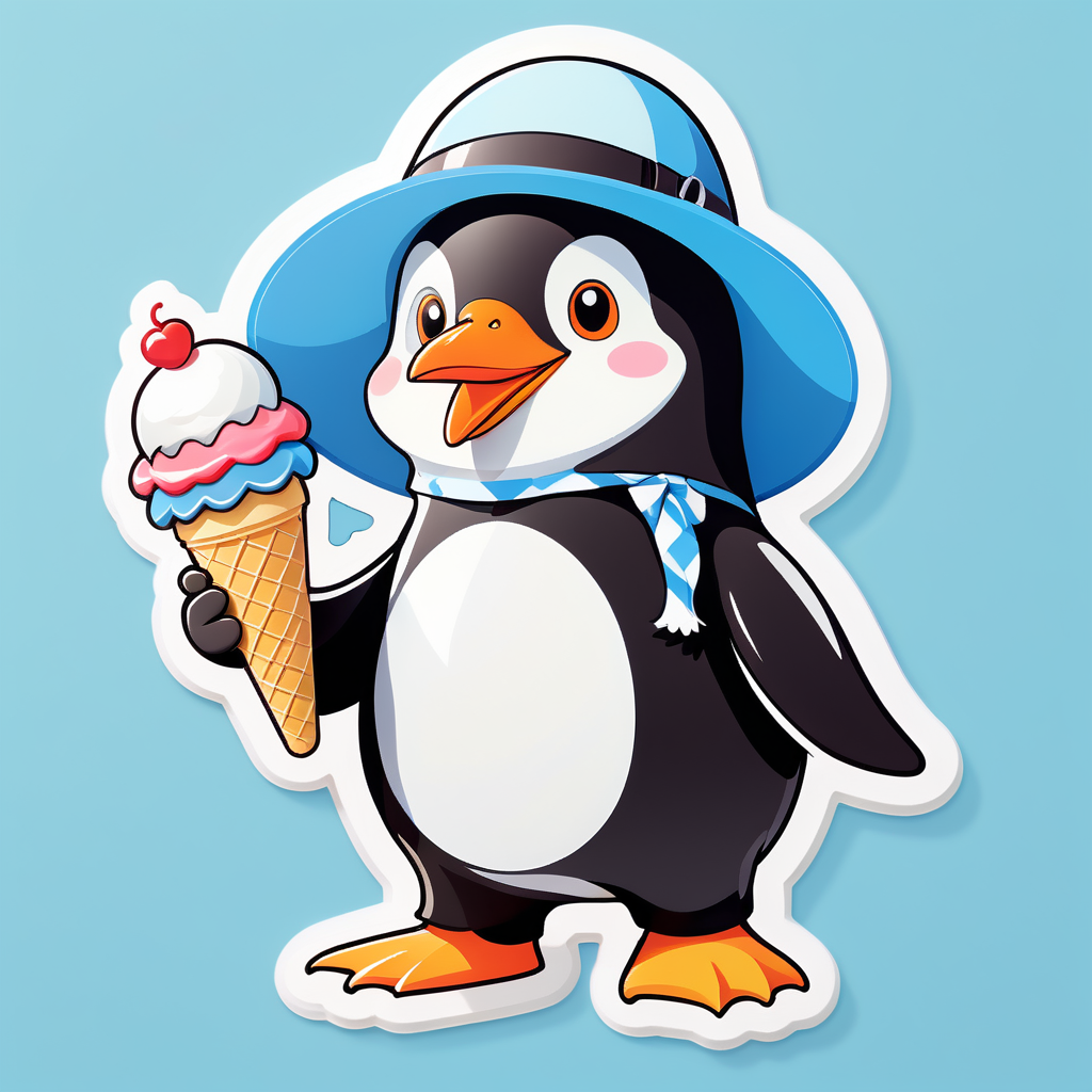 Ein Pinguin mit einer Eistüte in der linken Hand und einem Sonnenhut in der rechten Hand sticker