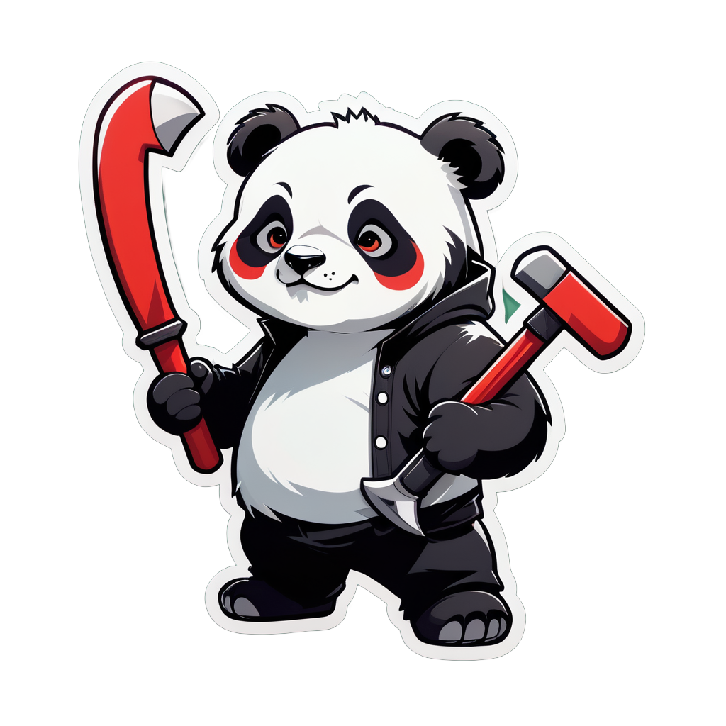 um panda com um martelo na sua mão esquerda e uma foice na sua mão direita sticker