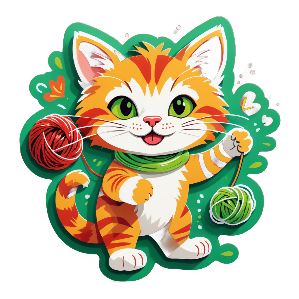 Happy Cat with Yarn: Fluffy ginger tabby, bright green eyes, playful with red yarn. sticker