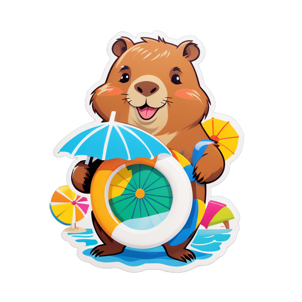 Ein Capybara mit einem Schwimmreifen in der linken Hand und einem Strandregenschirm in der rechten Hand sticker