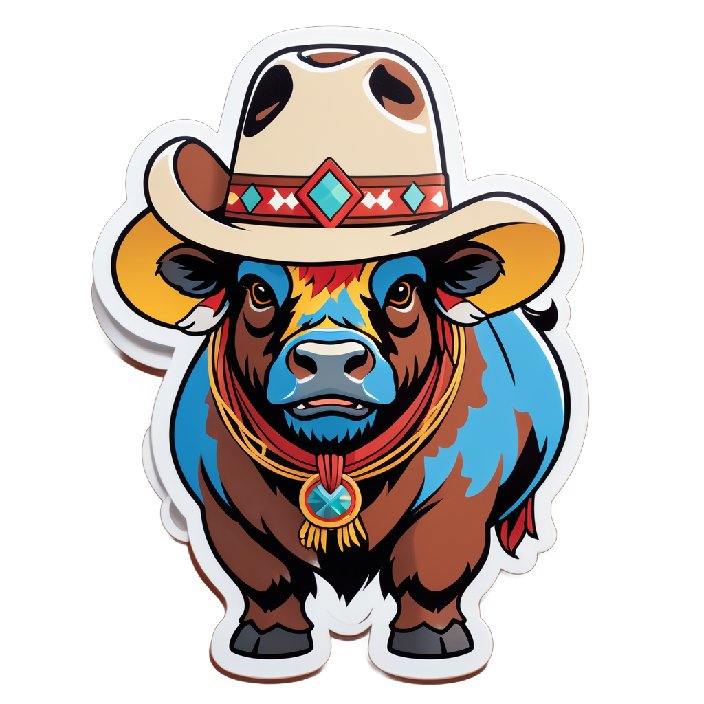 Ein Büffel mit einem Westernhut in der linken Hand und einem Lasso in der rechten Hand sticker