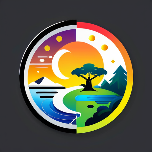 Créer une image de logo avec une composition de bagua yin et yang, comprenant les éléments suivants : soleil, lune, arbres, gratte-ciel, lac, dans un style très simple et clair. sticker