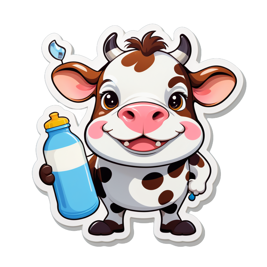 Une vache avec une cloche dans sa main gauche et une bouteille de lait dans sa main droite sticker