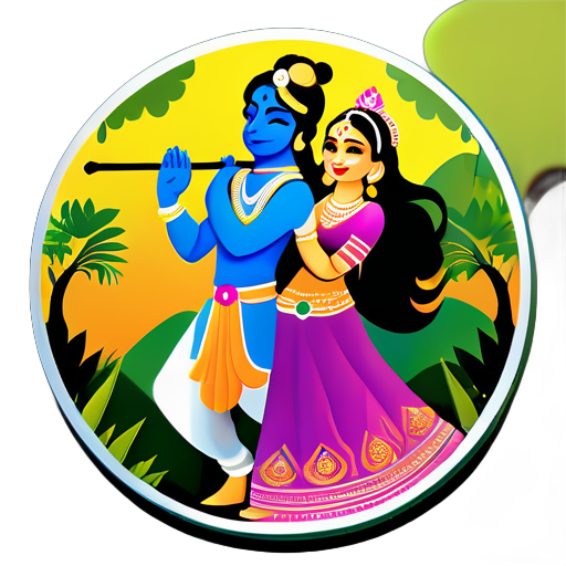 Lord krishna photo with radha photo should be made with rocks and background with forest sticker