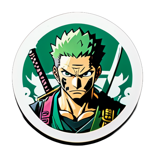 Zoro, regard féroce et épées tirées, fait face à des épreuves de valeur, de loyauté et de force au milieu d'aventures épiques à travers des terres périlleuses. sticker