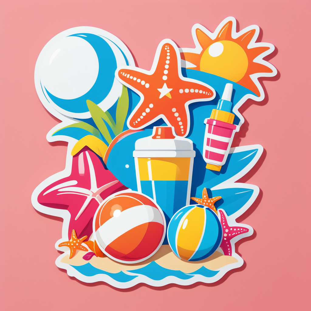 Ein Seestern mit einem Strandball in der linken Hand und einer Sonnencreme-Flasche in der rechten Hand sticker