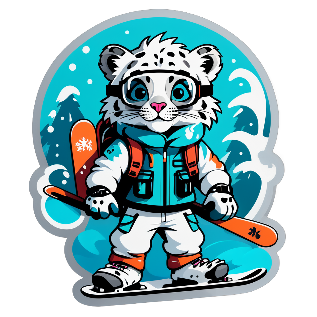 Ein Schneeleopard mit Skibrille in der linken Hand und einem Snowboard in der rechten Hand sticker