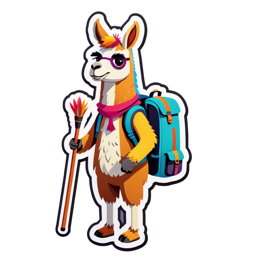 Ein Lama mit einem Rucksack in der linken Hand und einem Wanderstock in der rechten Hand sticker