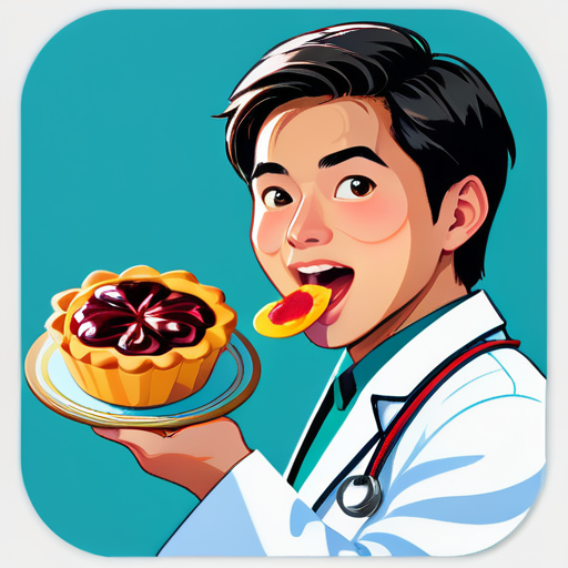 Un joven doctor asiático come pasteles de nata portugueses sticker