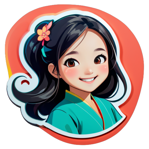 a beautiful Asia young girl,long hair,smile sticker