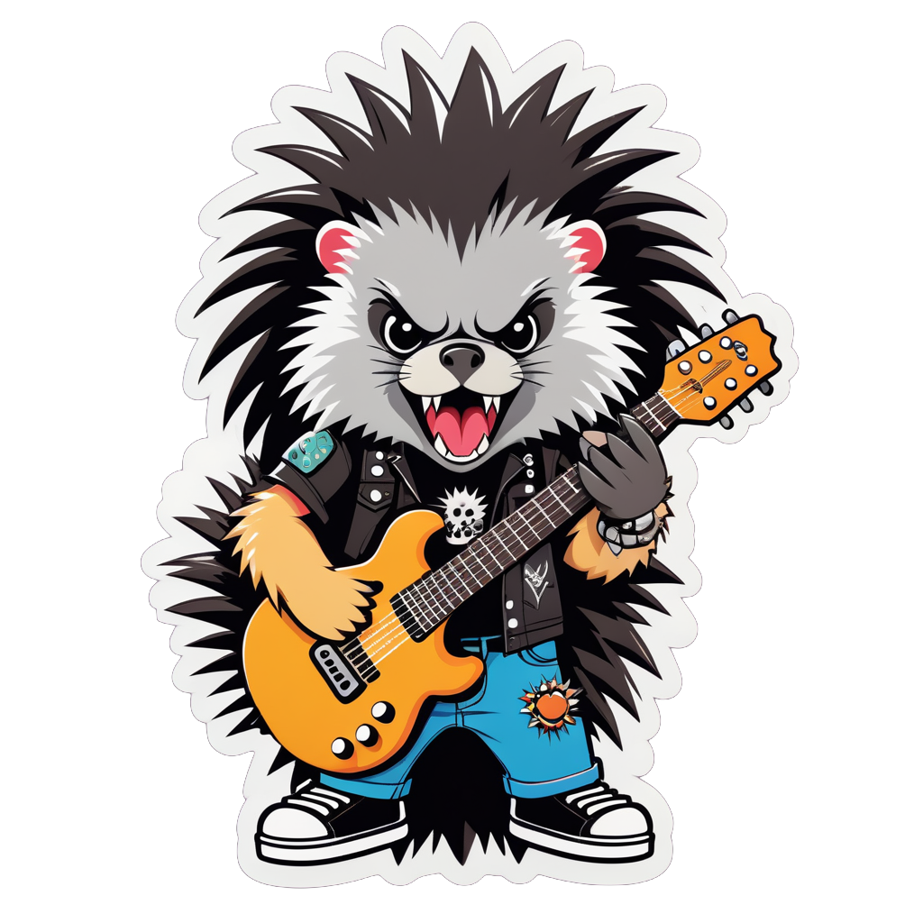 Ein Stachelschwein mit einer Punkrock-Gitarre in der linken Hand und einem Mikrofon in der rechten Hand sticker