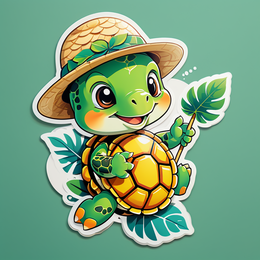 Eine Schildkröte mit einem Blatt in der linken Hand und einem Strohhut in der rechten Hand sticker