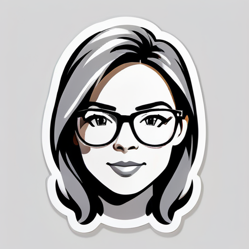 Crea un sticker de señora con lentes y cabello lacio en tono gris claro sticker