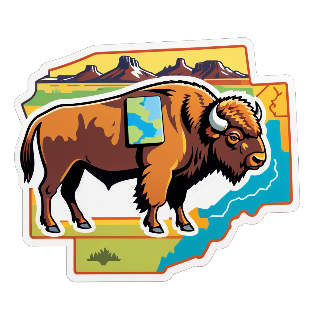 Ein Bison mit einem Westernsattel in seiner linken Hand und einer Karte der Prärie in seiner rechten Hand sticker