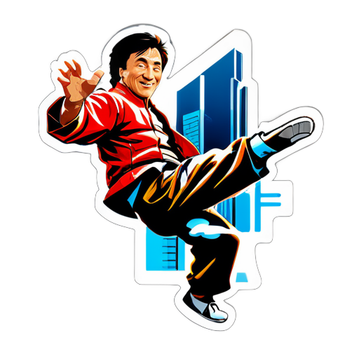 Le célèbre acteur d'arts martiaux Jackie Chan saute d'un gratte-ciel. sticker