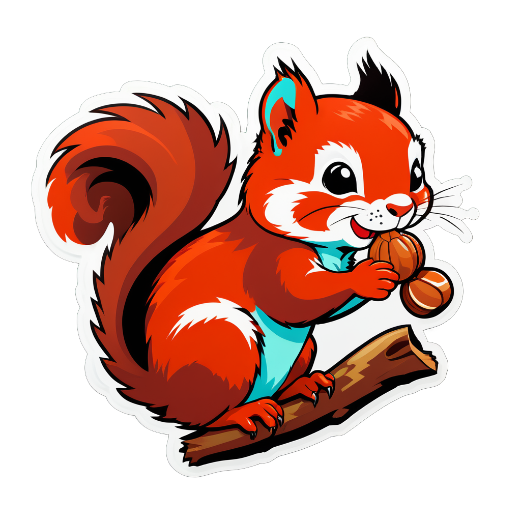 Red Squirrel Eating Nuts on a Branch sticker