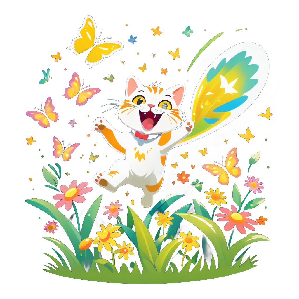 Excited Cat Chasing Butterflies: 정원에서 에너지 넘치게 뛰어다니며 눈이 반짝입니다. sticker