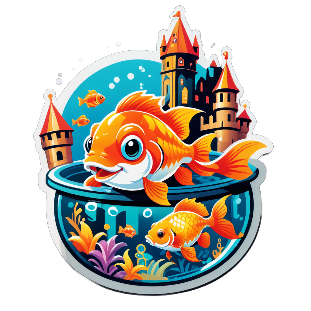 Ein Goldfisch mit einem Schlossornament in seiner linken Hand und einer Schatztruhe in seiner rechten Hand sticker