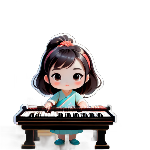 Uma menina pequena, vestida de forma moderna, tocando um guzheng em um quarto com estantes de livros ao fundo, combinando o estilo clássico chinês com o moderno. sticker