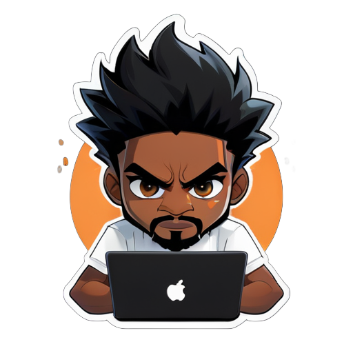 Generator a sticker of the A Angry black boy working on his laptop, the boy is having Messi hairs and  patchy beard and    moustache, tiny eyes , color black , he is wearing solid white t-shirt and black jeans sticker