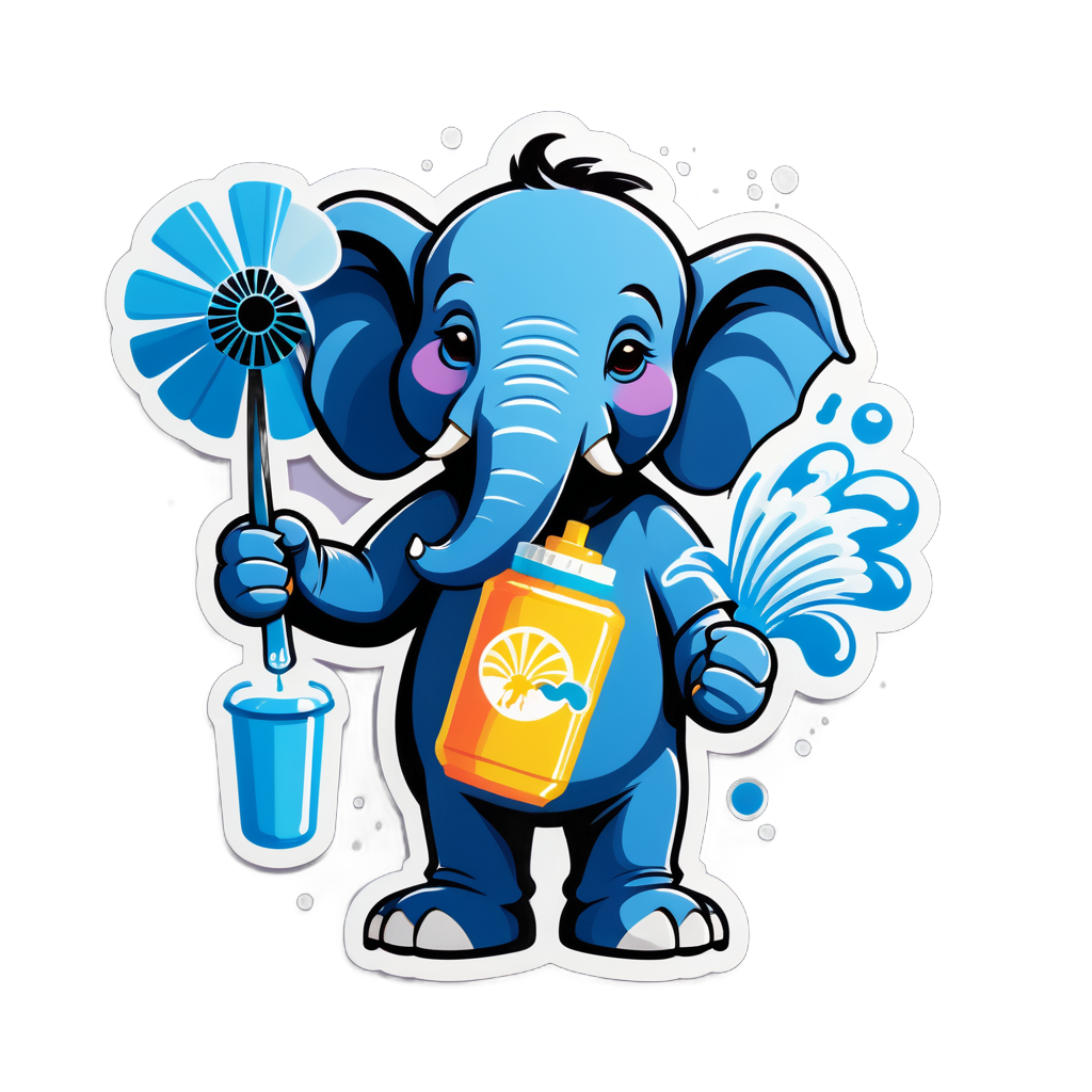 Un elefante con una botella de spray de agua en su mano izquierda y un abanico en su mano derecha sticker