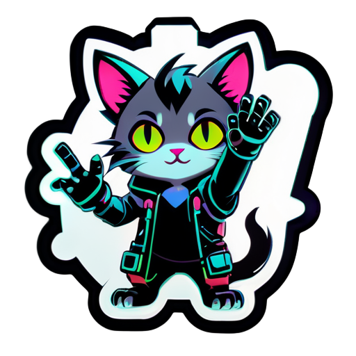 cyberpunk cat waving hand sticker