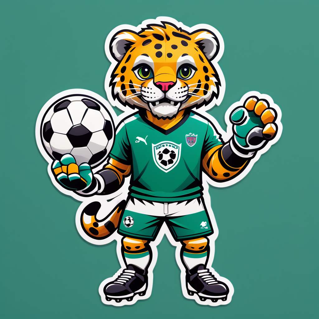 Un jaguar con un balón de fútbol en su mano izquierda y un guante de portero en su mano derecha sticker