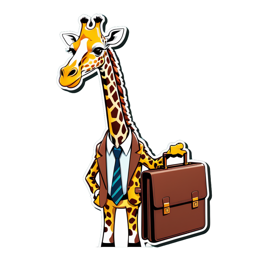 Eine Giraffe mit einer Krawatte in der linken Hand und einem Aktenkoffer in der rechten Hand sticker