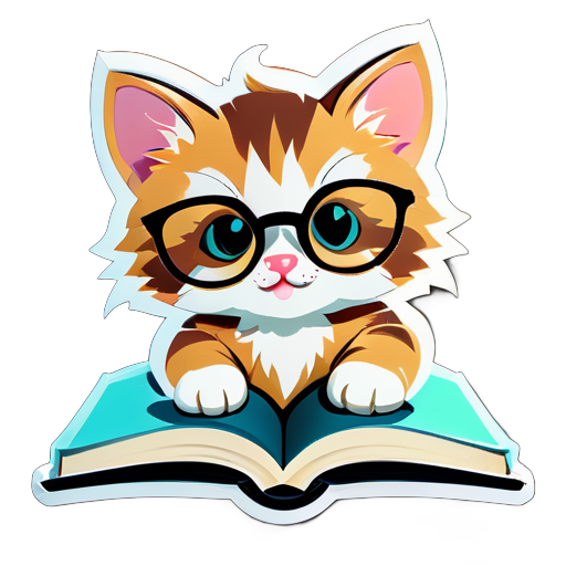 un chaton avec des lunettes de vu sur un livre ouvert sticker