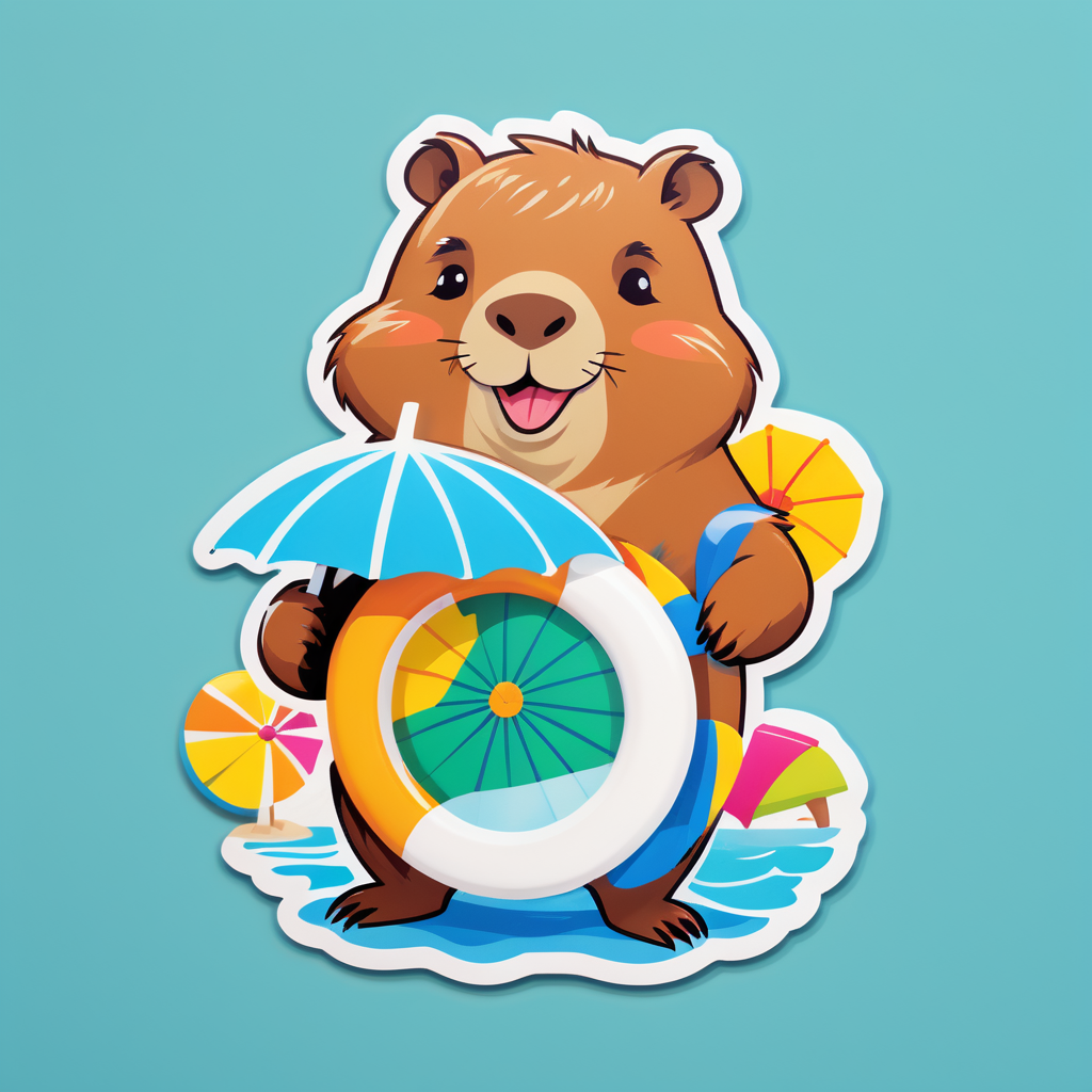 Ein Capybara mit einem Schwimmreifen in der linken Hand und einem Strandregenschirm in der rechten Hand sticker