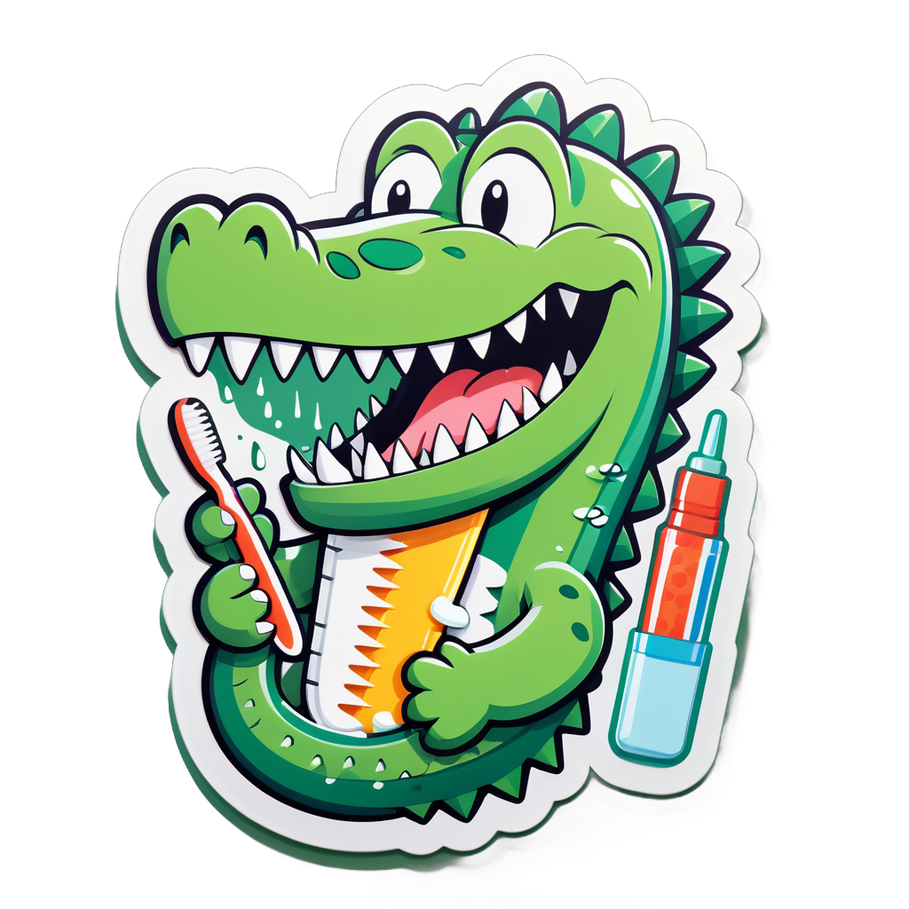 Un crocodile avec une brosse à dents dans sa main gauche et un tube de dentifrice dans sa main droite sticker